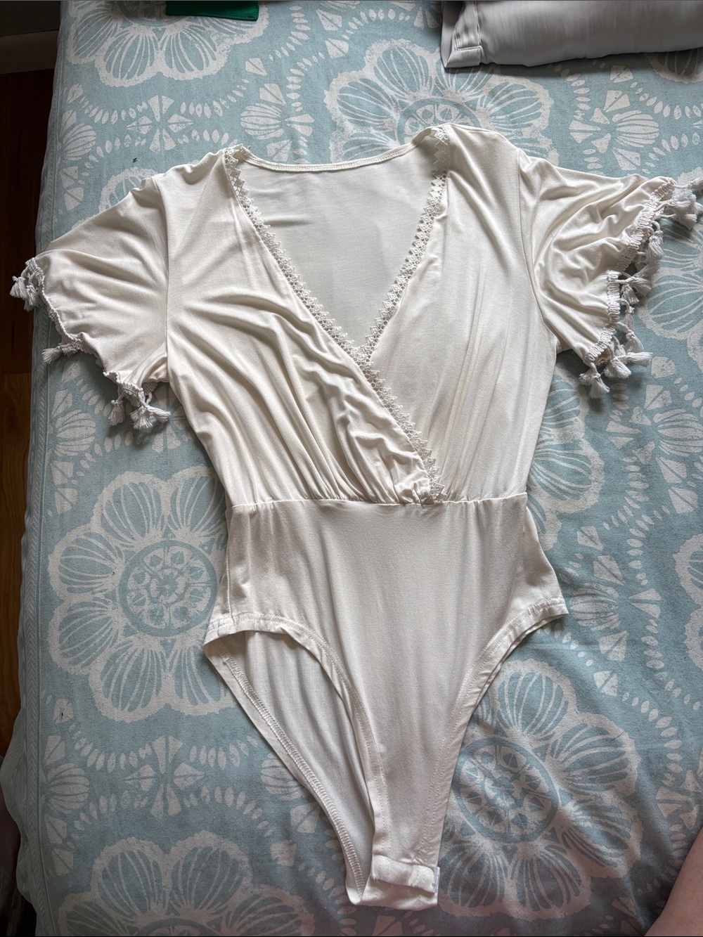 SHEIN Ivory Tassel-Sleeve Wrap Bodysuit